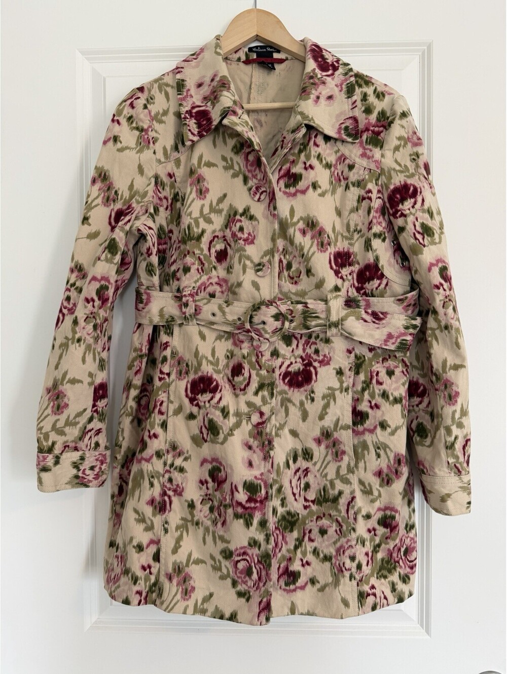 Madison Studio Floral Trench Coat Size 12 Cotton Blend Belted Jacket Cottagecore